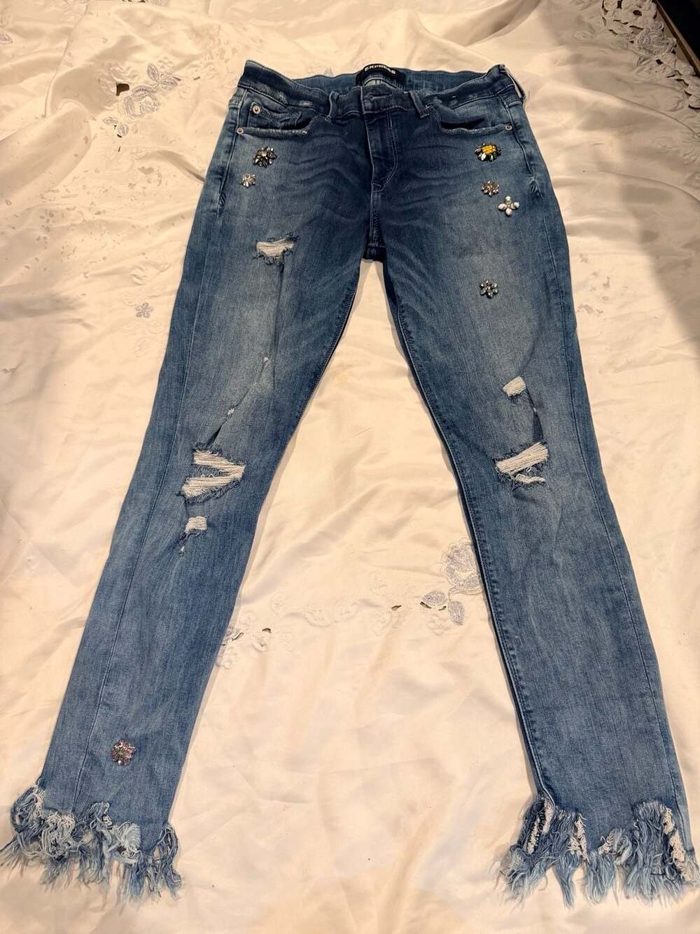 Express Beaded and Raw Edge Cropped Jeans